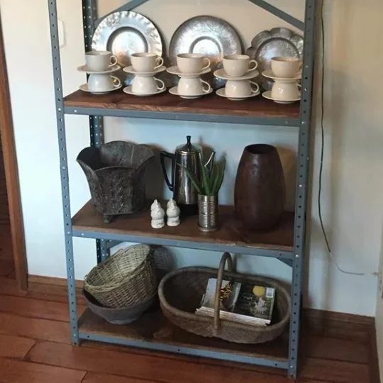 Metal And Wood Shelves With Kitchen Decor
