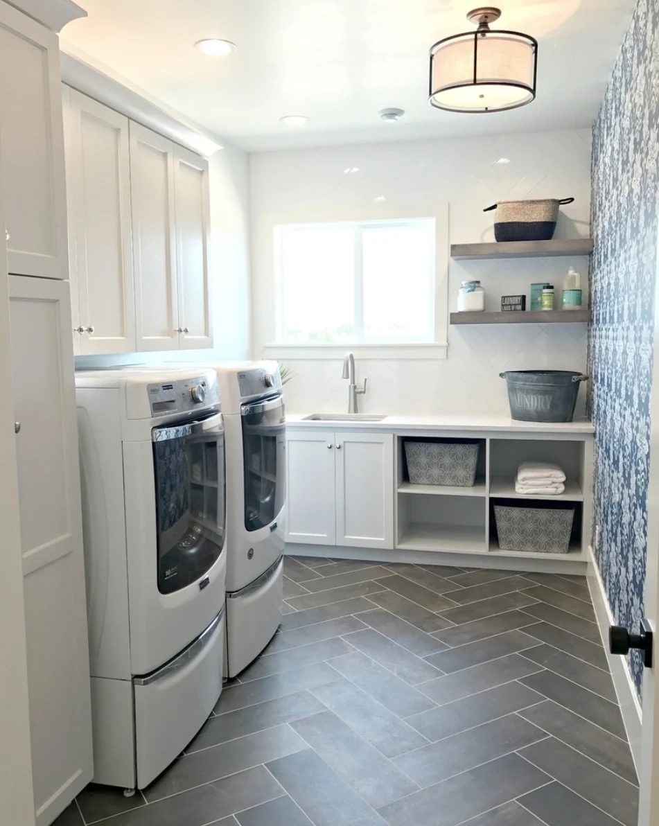 Wash Room With Grey Tile Herringbone Floor And Blue And White Accent Wallpaper Wall