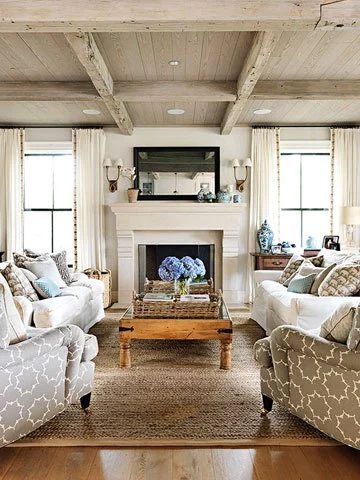 coastal casual living room with weathered wood beams and ceiling, Jane Green via Family Circle