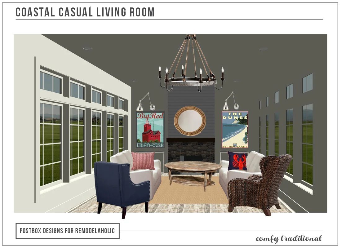Coastal Casual Living Room Rendering by Postbox Designs