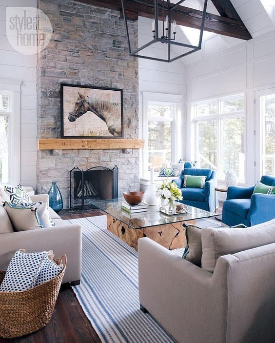 coastal casual living room with fireplace, via Style at Home
