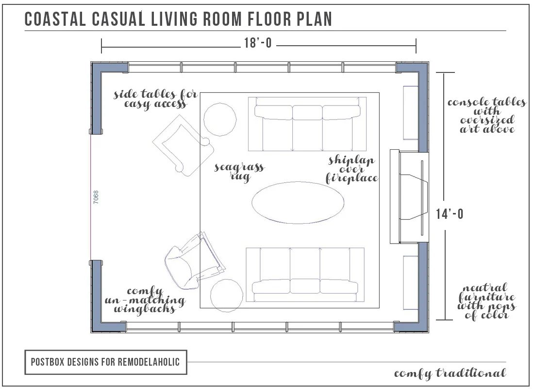 Coastal Living Room Floor Plan by Postbox Designs