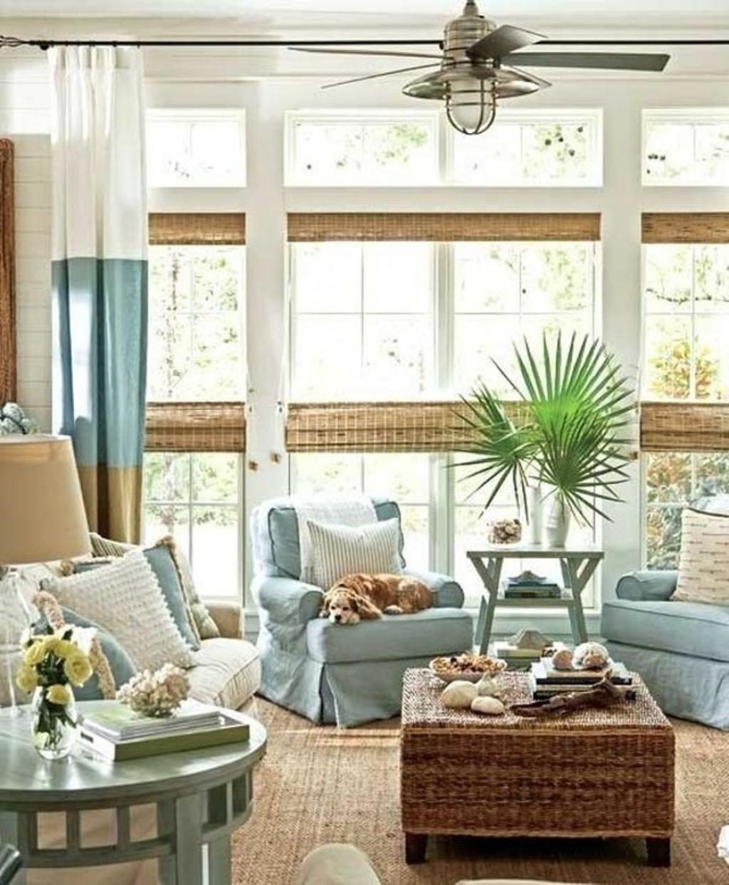coastal casual living room with shiplap and bamboo blinds via @Bekob
