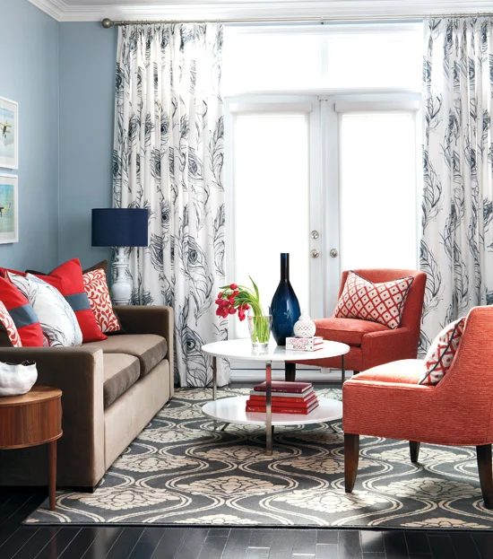 colorful casual living room in coral and navy, Style at Home