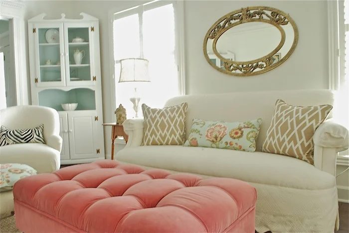 bright living room makeover with mint and coral accents