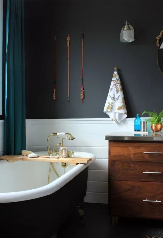striking bathroom! Wall color is Benjamin Moore Wrought Iron. More info on Bekob.com