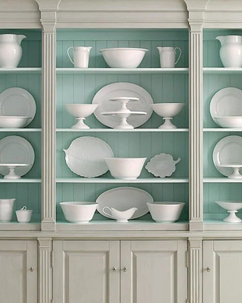 This light blue color is well fitted for the back of a bookshelf or inside a hutch with white dishes. (Paint color info in the post)