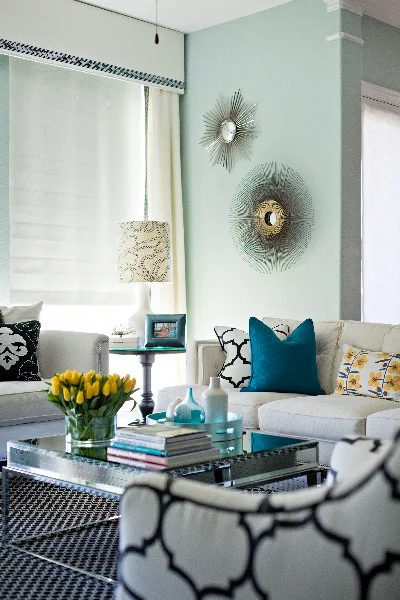 Modern living room design. Wall color is Wythe Blue from Benjamin Moore. Color Spotlight on Bekob.