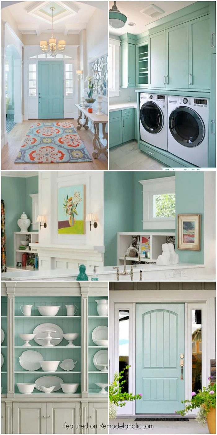 This striking light blue-gray paint color is so versatile! Interiors and exteriors, for cabinets, walls, and more! Get all the details in the post on Bekob.com.