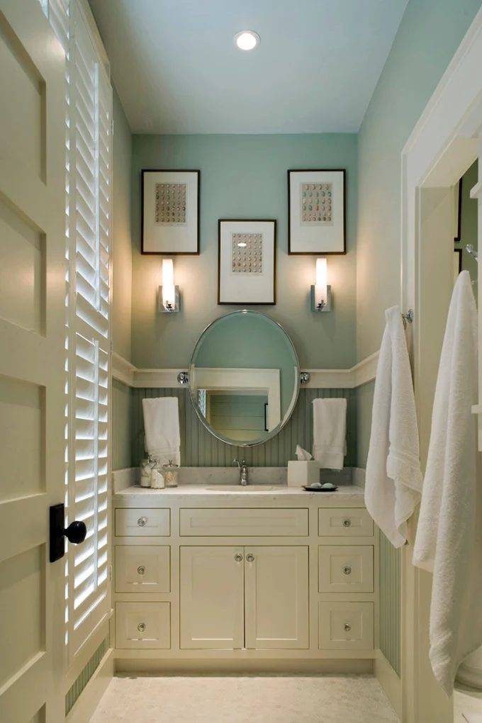 Small bathroom options. Wall color is Wythe Blue from Benjamin Moore. Color Spotlight on Bekob