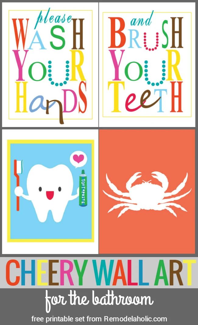 Please wash your hands and brush your teeth! Plus a cute tooth print and a crab silhouette for straightforward wall art. Free printable set of cheery wall art for a kids bathroom f