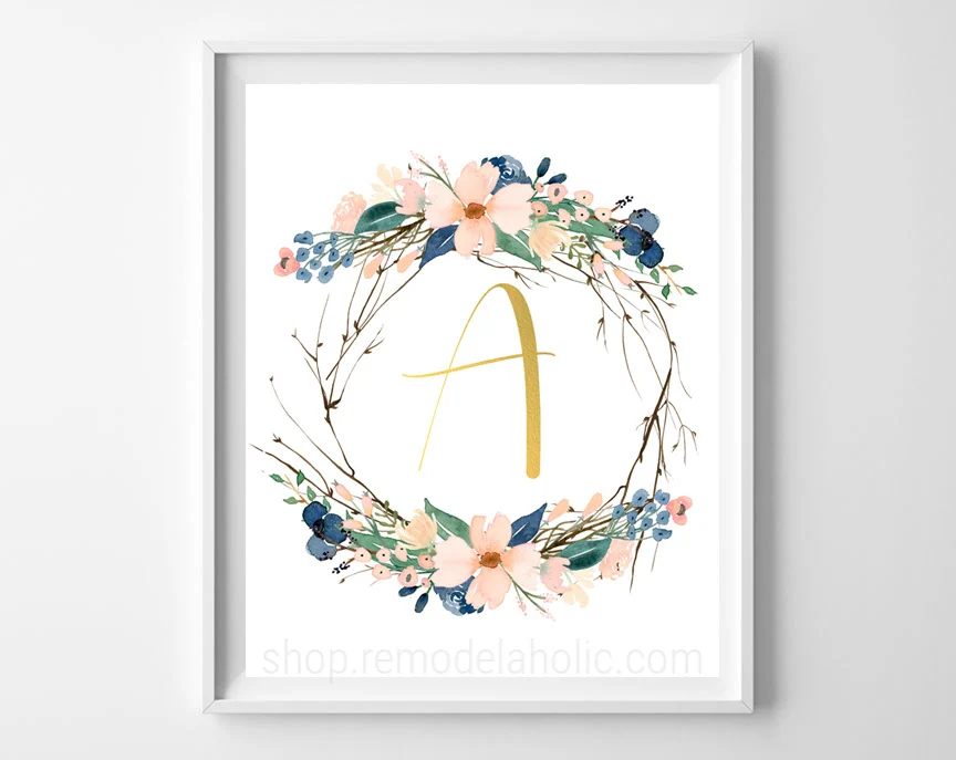 Blue Floral Twig Wreath Monogram, Printable Home Decor Art, Full Alphabet Letter Set #Bekob