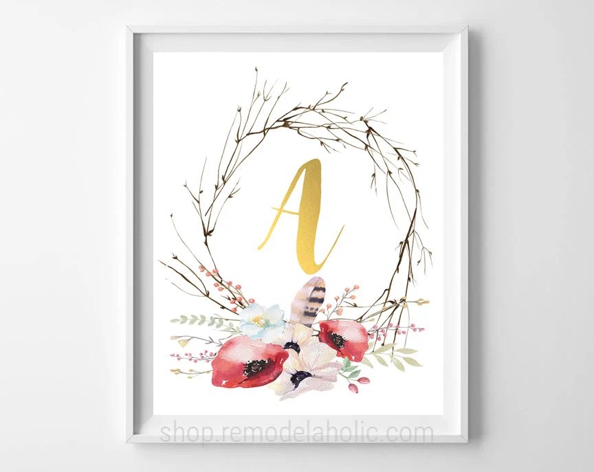 Twig And Pink Floral Gold Monogram Letter Art Printable #Bekob