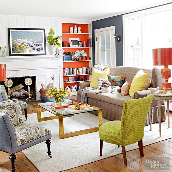 Colorful Living Room With Painted Built Ins Via Better Homes & Gardens