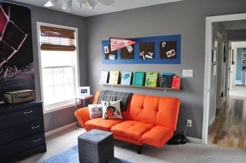 chill zone orange futon for boys room makeover coloful corkboard photo holder, cleverly inspired @Bekob