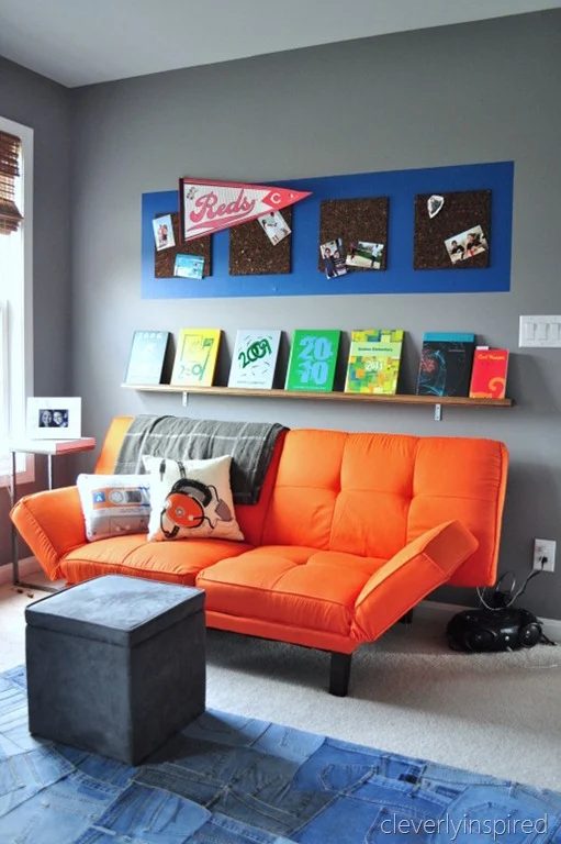 hangouts for preteen boys bookself orange futon corkboard photo organizer, cleverly inspired @Bekob