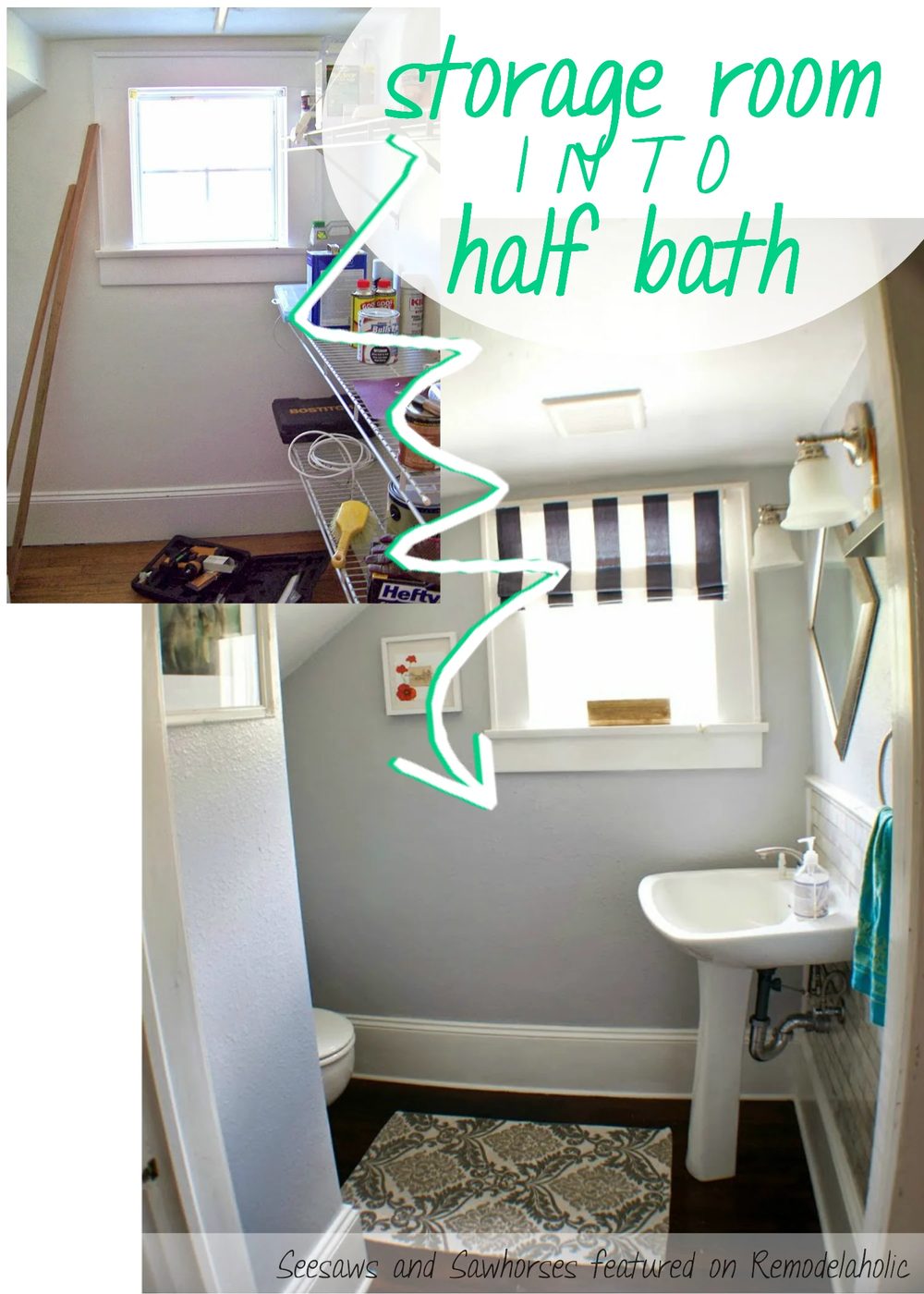 Complete Remodel! Storage Room Into Half Bath | Seesaws and Sawhorses via Bekob.com