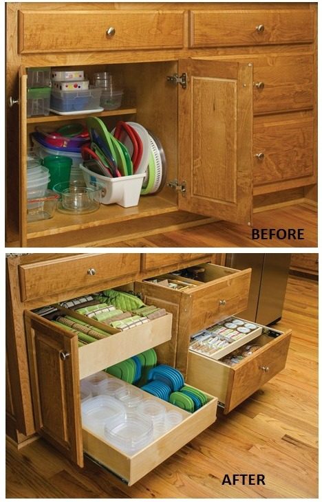 Organize Food Storage Containers - pull-out cabinet organizers keep all the lids and containers organized and neat