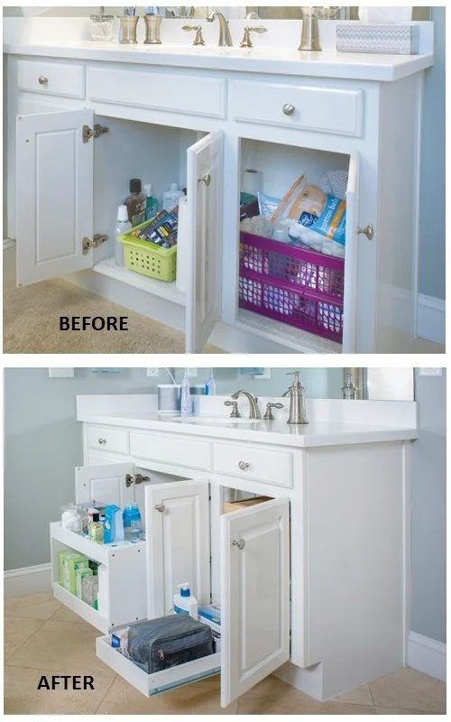 Organize Bathroom Cabinets - use tiered sliding shelves to organize under the sink