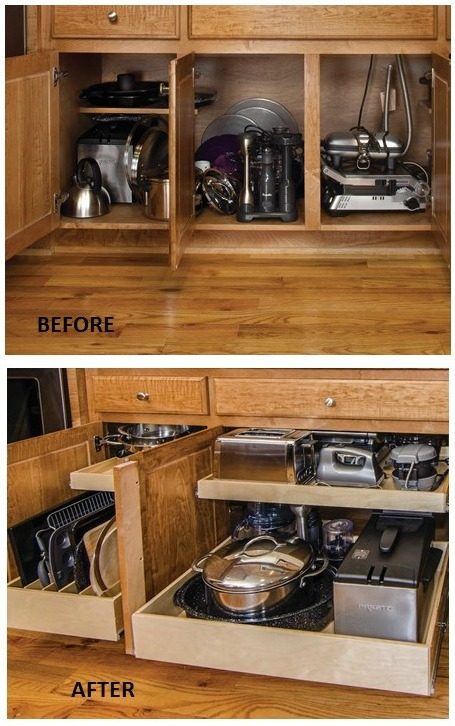 Organizing Kitchen Cabinets - sliding shelving for appliances and pans
