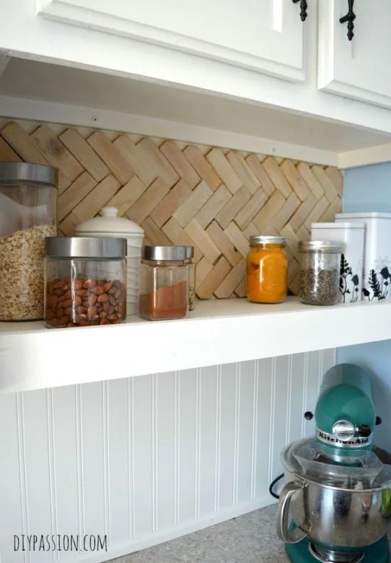 handmade wood herringbone backsplash using wood shims Handmade Passion