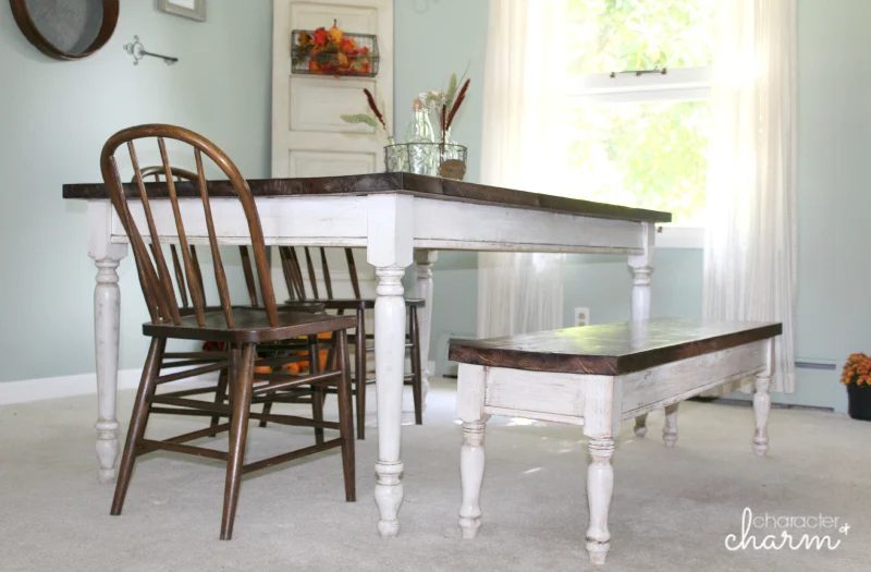 handmade farmhouse table and bench Character and Charm