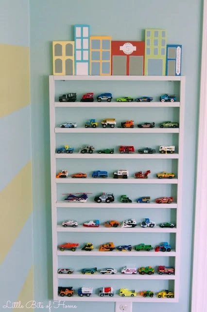 toy car storage shelf wall garage with wood block buildings Little Bits of HOme