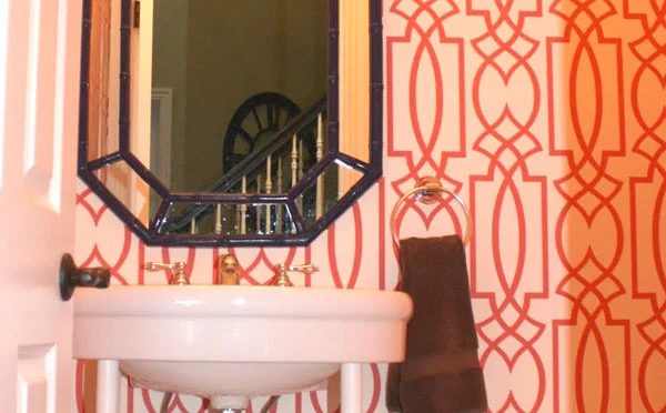 Coral Trellis Wallpaper Powder Room