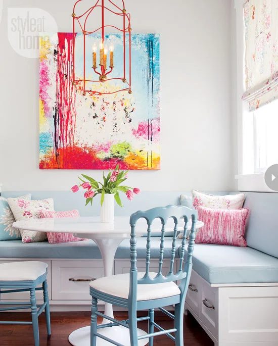 corner banquette with large art