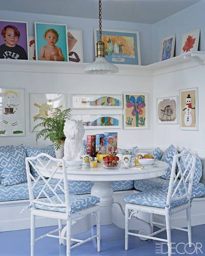 art gallery corner banquette with ledge shelf