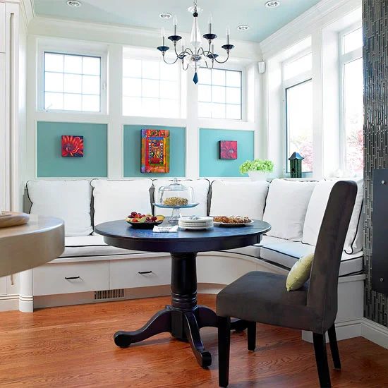 corner banquette with art panels
