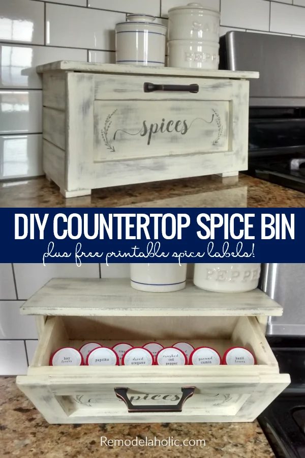 This Handmade countertop spice storage bin features a tilt-out drawer and faux shiplap sides for stylish kitchen organizing! Plus, get the free printable spice drawer label and rou