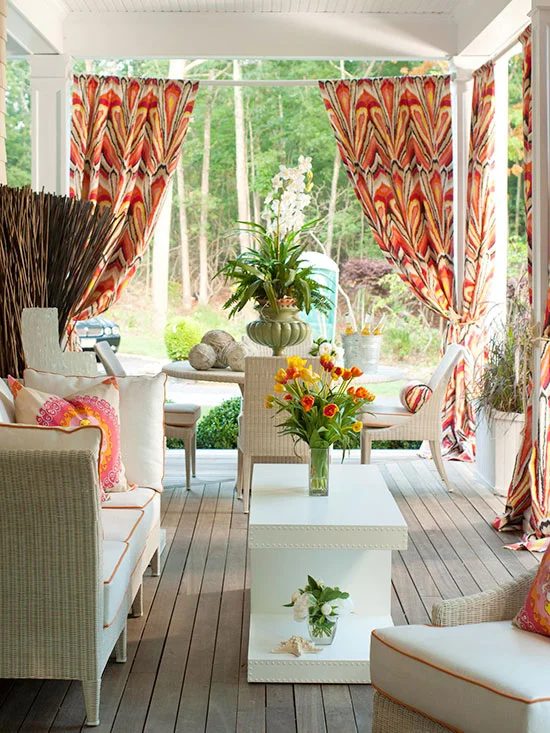 colorful outdoor room covered porch, Better Homes and Gardens