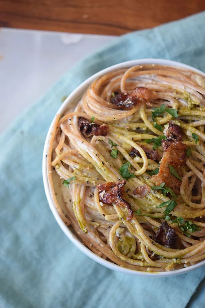 The well fitted straightforward comfort food recipe for dinner. Creamy Pesto Pasta via Bekob.com