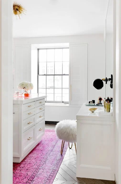 White Powder Room With Gold And Pink Accents