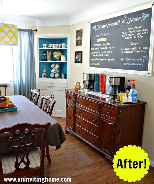 bright yellow and turquoise self-serve coffee bar