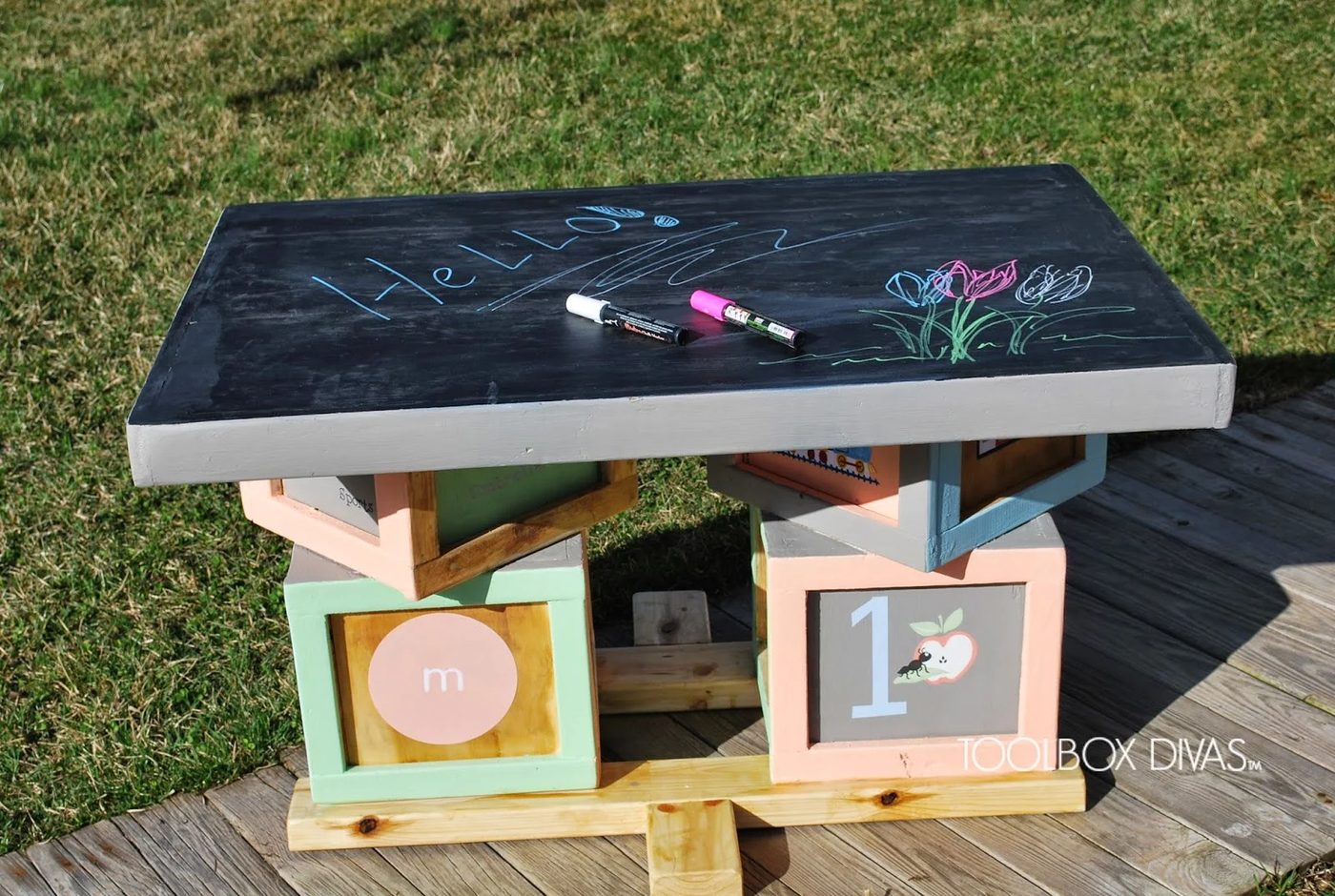 Handmade Building Block Playtable with Chalkboard Top by ToolBox Divas for Bekob