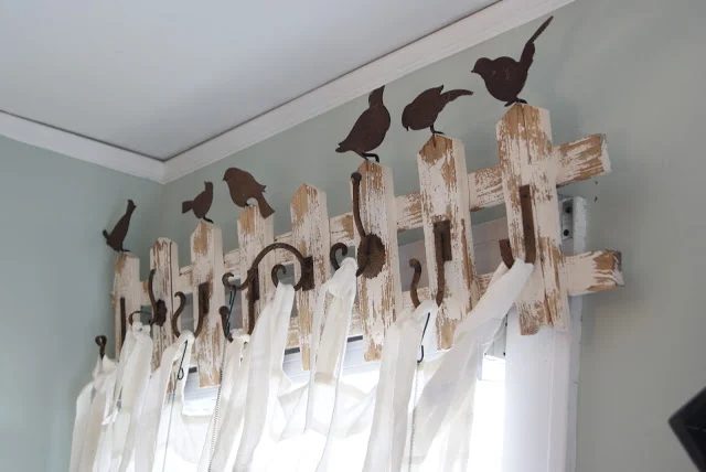 Nest Full of Eggs coat rack old fence with hooks as curtain rod via Bekob