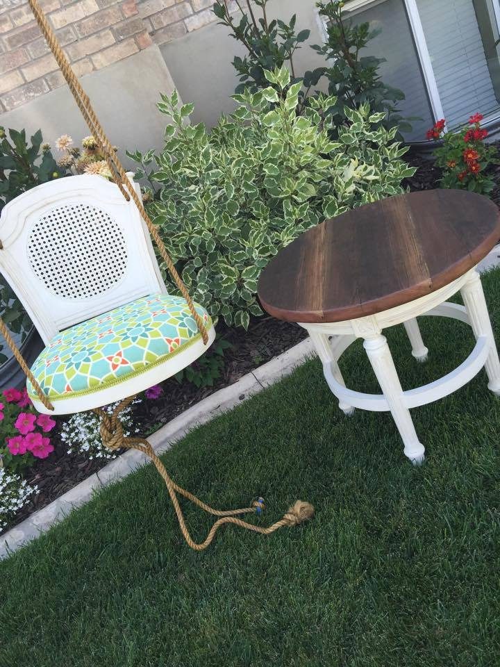 from Lori - turn a barstool into a padded outdoor swing and an end table (2)