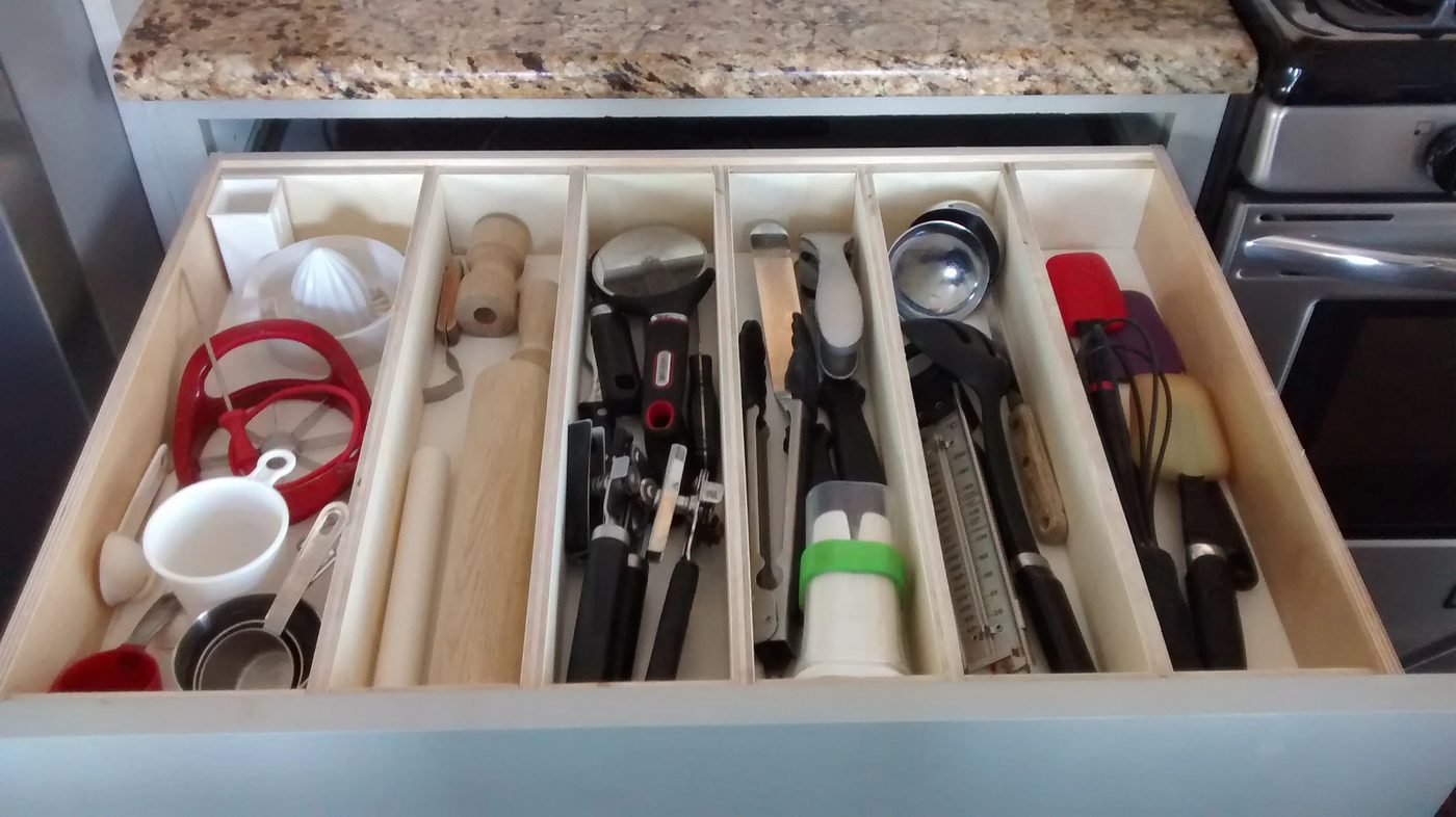 Organize large utensils with drawer dividers made of plywood featured on Bekob.com