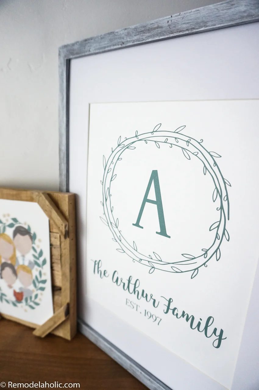 Custom name wall art in farmhouse style, with monogram, family last name, and year established