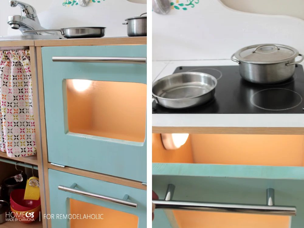 Cute little play kitchen, straightforward and low-cost to make. Even has a light in the oven!