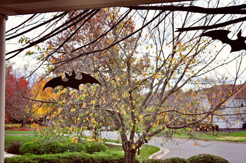 Branches hung from the porch and cardboard or paper bats, so straightforward! | direct Halloween Decor options and Tutorials at Bekob.com
