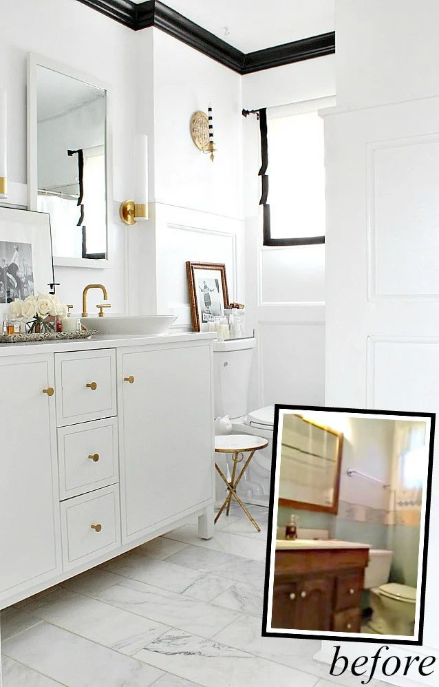 black and white bathroom makeover with black crown molding (Bliss At Home)