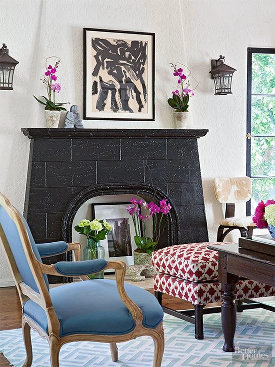 black painted stone fireplace (BHG)