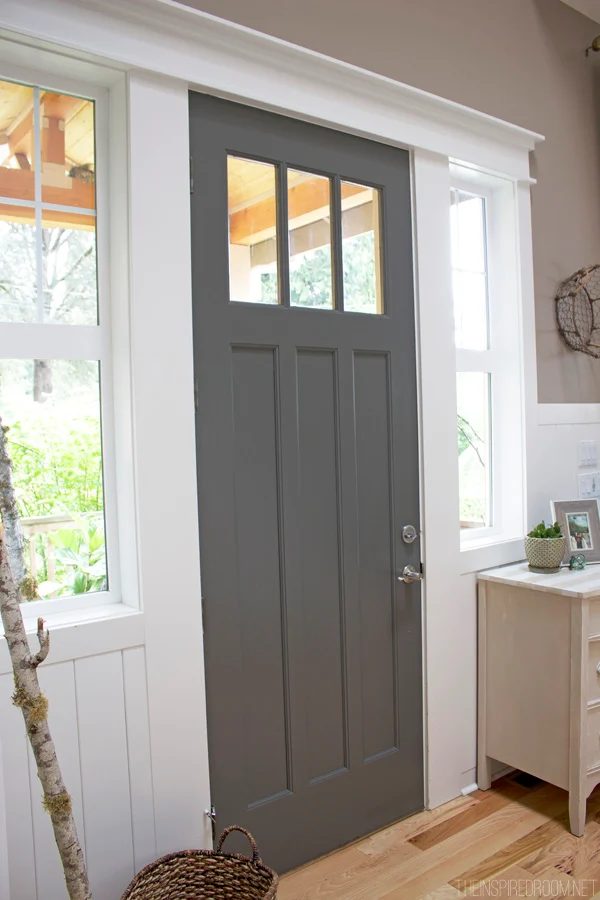 dark gray painted front door, BM Kendall Charcoal (The Inspired Room)