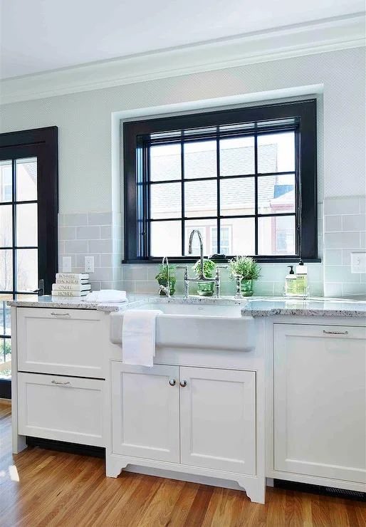 Farrow & Ball Offblack window frame and mullions, with BM white dove cabinets (Martha OHara via DecorPad)