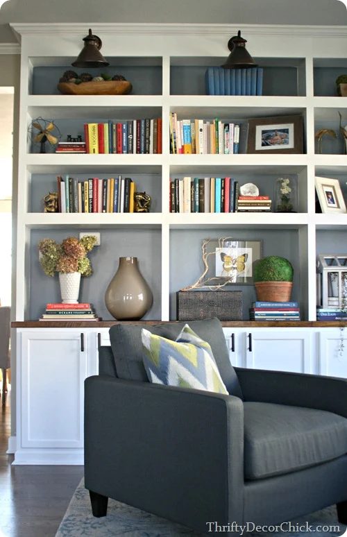 built-in shelving with painted gray interior (Thrifty Decor Chick)