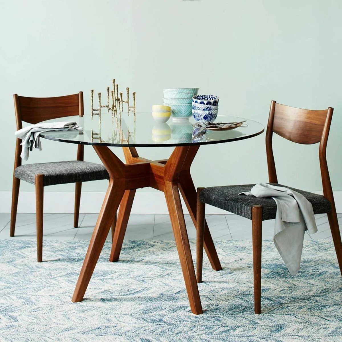 Coastal Dining Room Round Glass Wood Dining Table