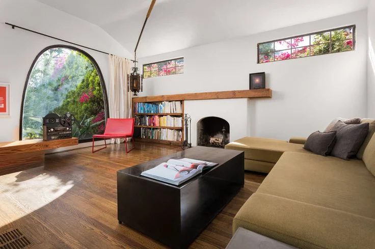 Asymmetrical fireplace and mantel